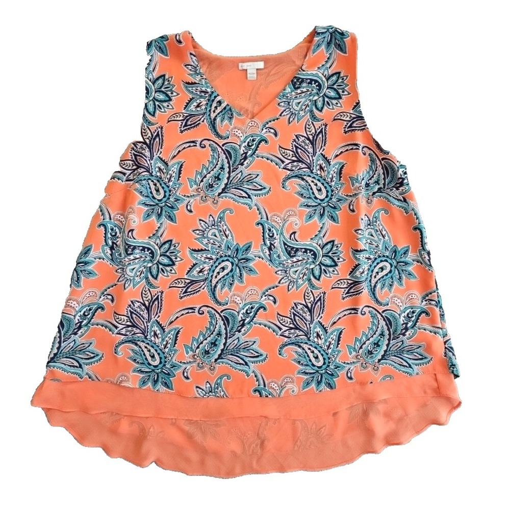 Cato V-Neck Tunic Top 18/20W Orange Blue Paisley Sleeveless Chiffon Lined EUC 79